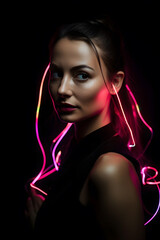 Portrait of beautiful Caucasian woman in a fashionable cloth around colourful bright neon uv lights. Generative AI.