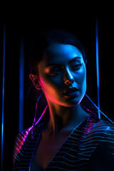 Portrait of beautiful Caucasian woman in a fashionable cloth around colourful bright neon uv lights. Generative AI.