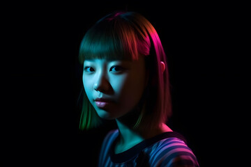 Portrait of beautiful Asian woman in a fashionable cloth around colourful bright neon uv lights. Generative AI.