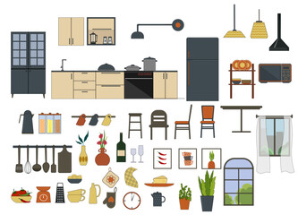 Set of elements for kitchen interior design. Kitchen furniture, table and chairs, refrigerator, shelves and cupboards with utensils. Vector. For the design of flyers, booklets and furniture stores