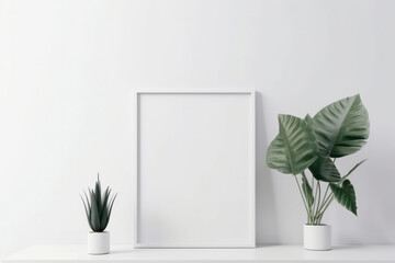 A rustic wooden table adorned with a potted plant and a mockup picture frame, creating a cozy and organic home decor aesthetic. This composition is AI Generative.