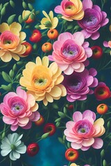 Ranunculus flower. Vintage seamless floral pattern. Background of small flowers. Small flowers scattered over a background. Stock for printing on surfaces. Realistic flowers. Generative AI. 