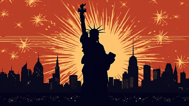 a picture of the statue of liberty with fireworks in the background independece day, generative AI