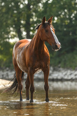 Obraz na płótnie Canvas Portrait of a bay brown andalusian x arab horse gelding having fun in the water of a river in summer outdoors, horse cooling down in water
