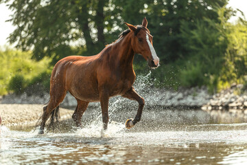 Portrait of a bay brown andalusian x arab horse gelding having fun in the water of a river in summer outdoors, horse cooling down in water