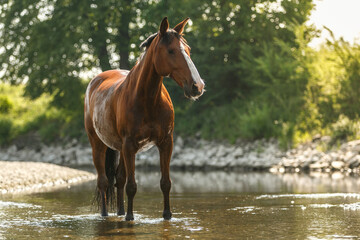 Portrait of a bay brown andalusian x arab horse gelding having fun in the water of a river in summer outdoors, horse cooling down in water