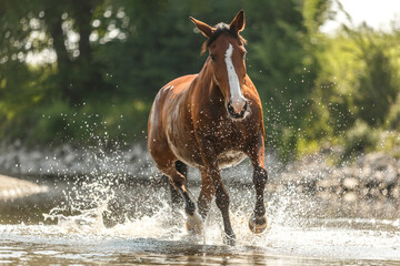 Portrait of a bay brown andalusian x arab horse gelding having fun in the water of a river in summer outdoors, horse cooling down in water