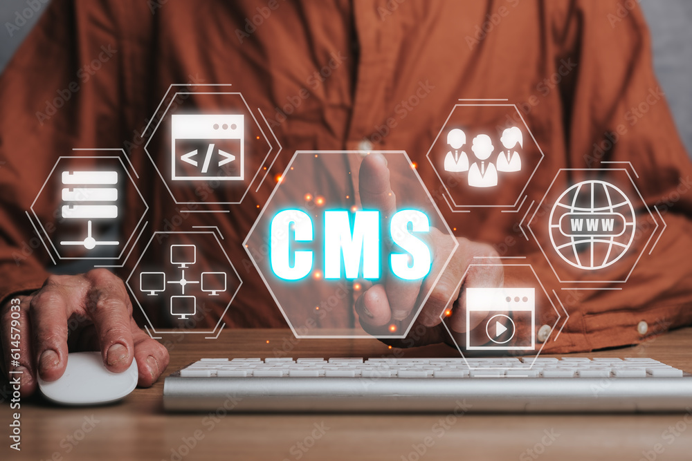 Poster cms, content management system concept, person hand touching content management system icon on virtu