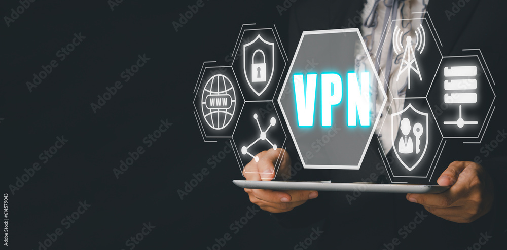 Poster vpn virtual private network protocol concept, man hand using digital tablet with vpn icon on vr scre
