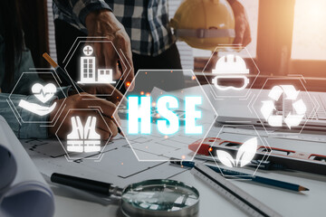Health safety environment HSE education industry Concept, Engineer team working on laptop computer with VR screen Health safety environment icon.