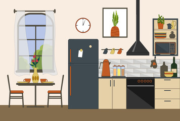 Stylish and modern kitchen interior. A room with a window, a table and chairs, a refrigerator, shelves and cupboards with dishes. Vector. For the design of flyers, brochures and furniture stores