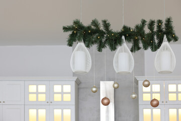 Beautiful Christmas decor in kitchen. Interior design