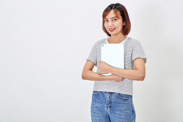 asian woman using tablet computer on white background