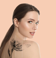 Design with photo of woman on beige background during tattoo removal process
