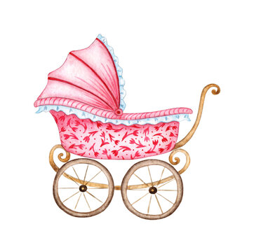 recommend clip art: Watercolor illustration Baby pink stroller, newborn vehicle, stroller drawing with flowers, baby stroller toy. Clip art for fabric textile baby clothes, wallpapers, wrapping paper, packaging, design 