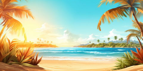 Fototapeta na wymiar Summer Banner - Sunny Sand With Palm Leaves In Tropical Beach. Generative AI.