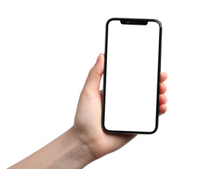 Woman holding smartphone with blank screen on white background, closeup. Mockup for design