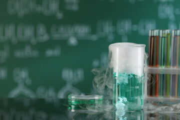 Laboratory glassware and test tubes with colorful liquids on glass table, space for text. Chemical...