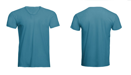 Front and back views of light blue men's t-shirt on white background. Mockup for design