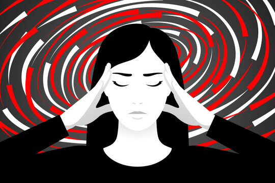 Unhappy woman is suffering from vertigo and feeling dizzy