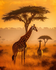 Fototapeta na wymiar Giraffe under the acacia tree in Serengeti national Park