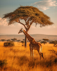 Giraffe under the acacia tree in Serengeti national Park - obrazy, fototapety, plakaty
