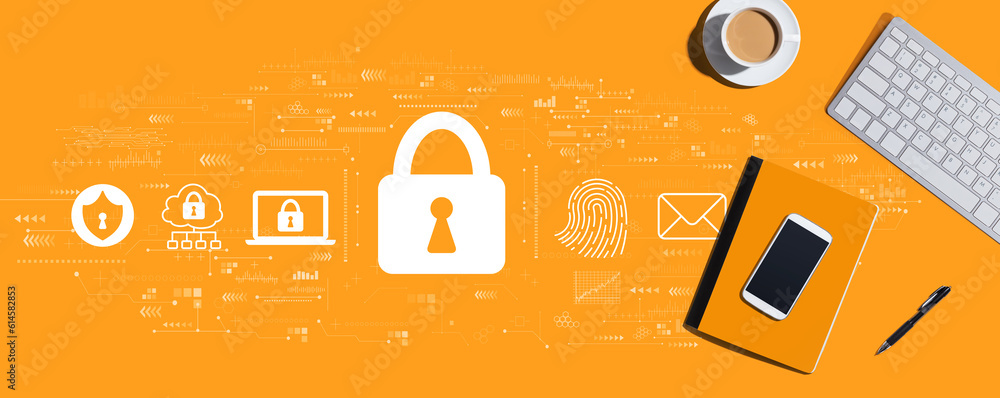 Poster internet network security concept with a computer keyboard and office items