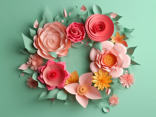 Floral wedding wreath made of paper, close-up and on a gentle uniform background. Generative AI