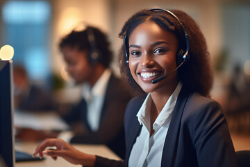 A customer support agent, confidently assisting a client with a radiant smile