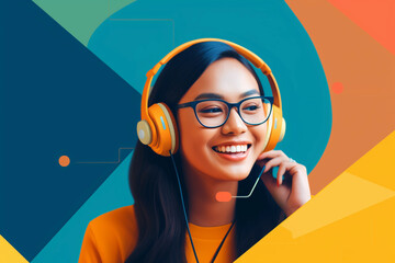 A filipino virtual assistant that's work from home, wearing a headset with a microphone, on a web call, looking at the camera smiling. Background colors are hues of yellow, blue, and orange - obrazy, fototapety, plakaty