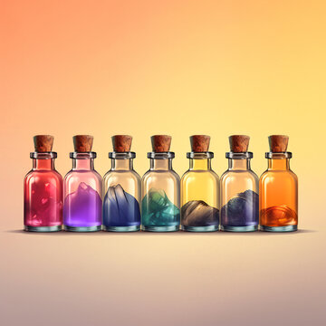 Multicolored flasks with crystals inside, generative AI