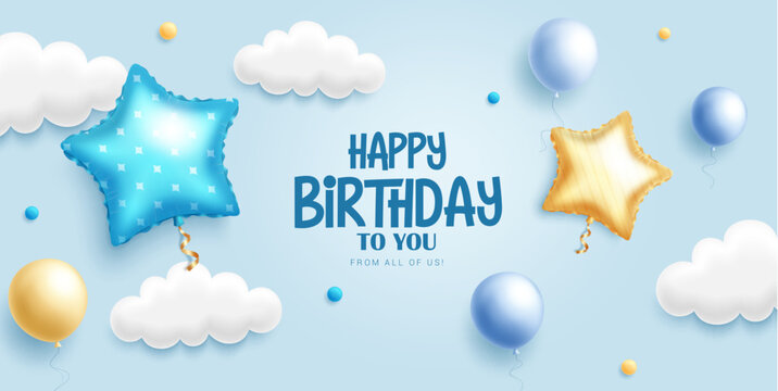 Happy birthday text vector design. Birthday greeting with sky, clouds and flying balloons in blue background. Vector illustration for baby boy celebration.