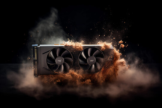 Close-up modern GPU graphic card spinning with dynamic background design