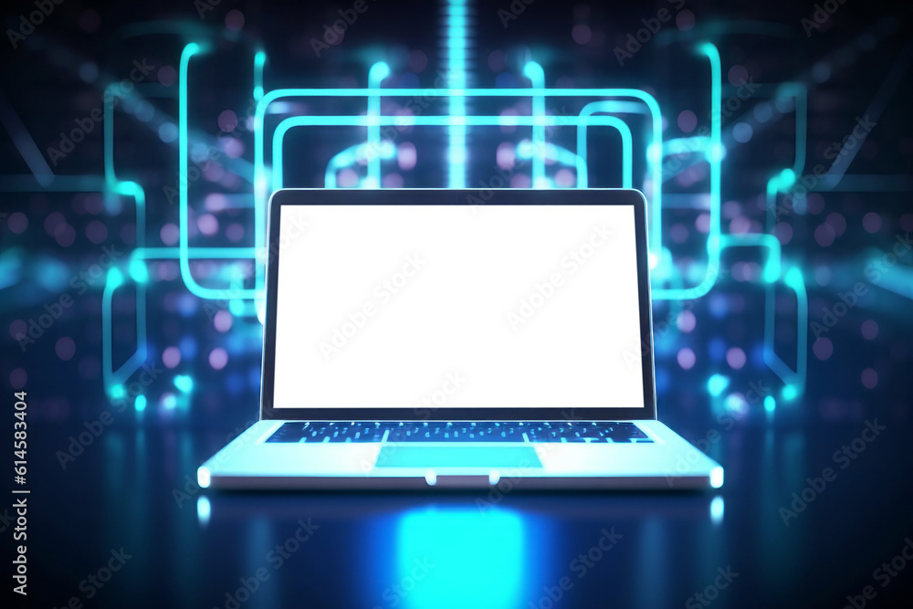 Poster laptop with isolated white screen on a futuristic background. background with selective focus. ai ge