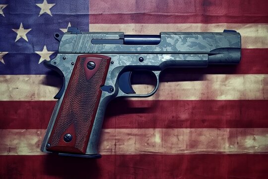 A pistol on the back of an American flag. Background with selective focus. AI generated, human enhanced