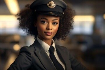 African American stewardess. Background with selective focus. AI generated, human enhanced