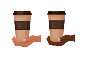 Hand holding coffee take away paper cup, vector illustration, eps 10