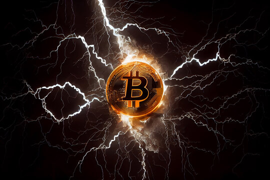 image of a bitcoin coin in the center with fire flares and lightning Bitcoin