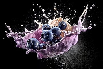 Fototapeta na wymiar Blueberry milks splash on Black Background Generative AI