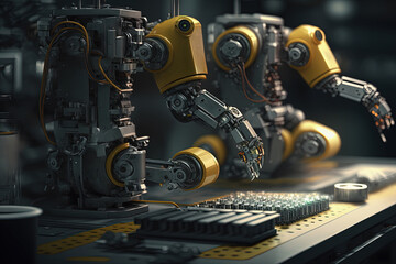 Manufacturing assembly line with robots. Parts automatic production. Generative AI