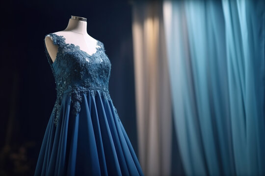 Luxury blue evening dress on mannequin, ball gown in luxurious boutique. Generative AI