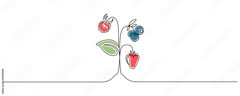 Leinwandbilder berries on plant in one continuous line drawing. fruit and strawberries in simple linear style. labe