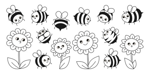 Bee honey characters and flowers cute sign set. Comics kids honeybee insect characters with funny faces. Cute hand drawn summer comic smiley striped bees retro cartoon design vector illustration