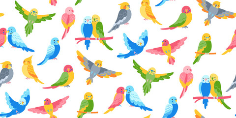 Exotic tropical parrot trendy seamless pattern. Colorful flying birds repeat ornament background. Summer bright funny design parrots wallpaper textile fabric, endless packaging, boundless vector decor © neliakott