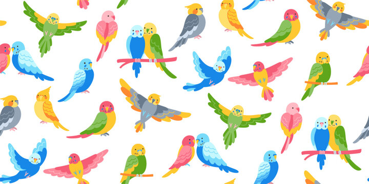 Exotic tropical parrot trendy seamless pattern. Colorful flying birds repeat ornament background. Summer bright funny design parrots wallpaper textile fabric, endless packaging, boundless vector decor