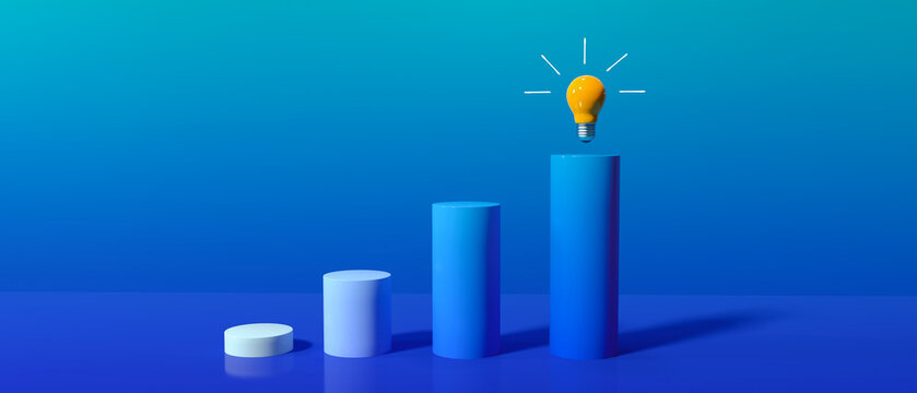 Idea light bulbs on the podiums -3D render