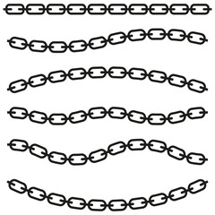 Set of chains. Curved, wavy, arcing straight chains. Vector illustration. stock image.
