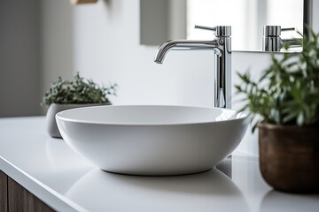 Fototapeta na wymiar A detailed shot of a pristine white ceramic sink with a minimalist design Generative AI