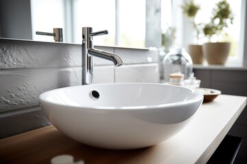 Obraz na płótnie Canvas A detailed shot of a pristine white ceramic sink with a minimalist design Generative AI