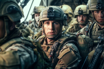 Paratrooper soldiers on a military cargo plane. Generative AI